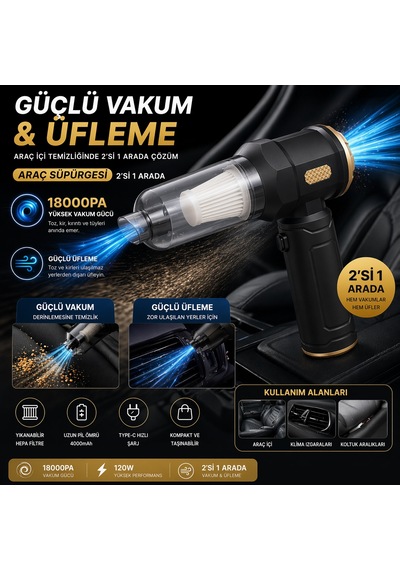 Mega Oto Market 18000pa Şarjlı Araç Süpürgesi & Üfleme Özellikli Kablosuz Mini El Süpürgesi- 2 Kademeli Güç Diğer