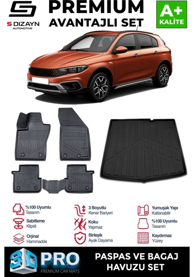 S-dizayn Fiat Egea Cross 3d Pro Havuzlu Paspas Ve Bagaj Havuzu Seti 2'li Set 2020 Üzeri A+ Kalite