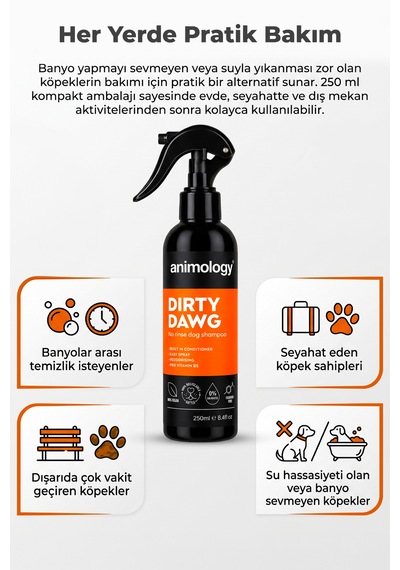 Animology Dirty Dawg Durulama Gerektirmeyen Sprey Köpek Şampuanı 250 Ml