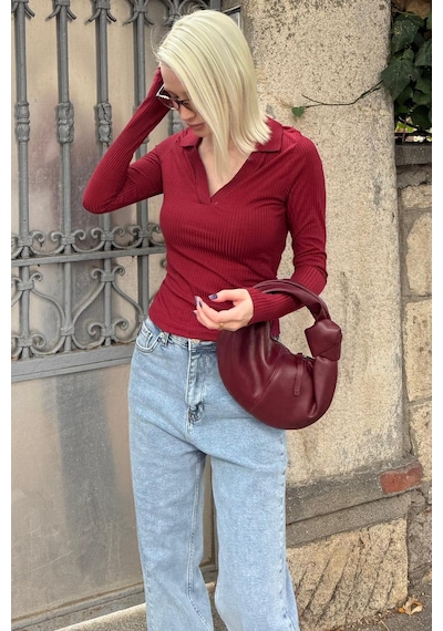 Madmext Bordo Polo Yaka Fitilli Kadın Body Mg2566 Bordo