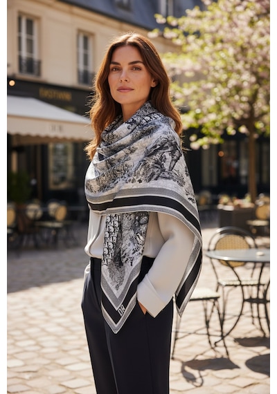 Miorel Scarfs Safari Tema Çift Taraflı Vual İpek Eşarp Silk Scarf Hijab Aksesuar Fular Cd Desen Siyah