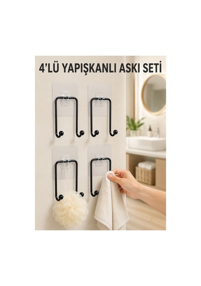 Astraltech 4'lü Yapışkanlı Askı Seti Mutfak Banyo Ve Ev İçin Duvar Askısı Çok Renkli