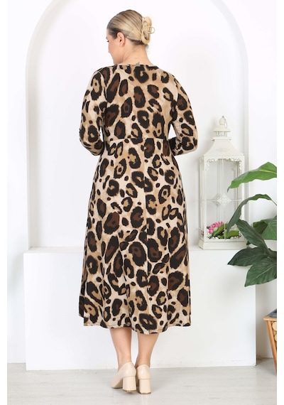 Mooi Xxl Kadın Kahve Siyah Leopar Desen Uzun Kol Kruvaze Yaka Büyük Beden Maxi Elbise Kahverengi