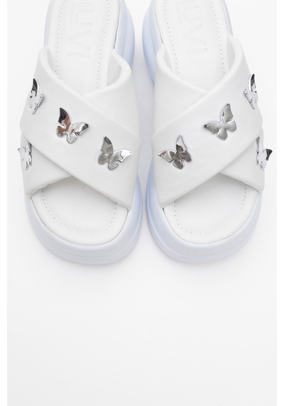 Luvishoes Luvi Shoes Force Beyaz Kelebek Tokalı Dolgu Tabanlı Kadın Terlik Beyaz