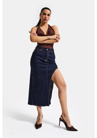 Itsbasic Kadın İndigo Selvedge 7s6-50 Maxi Yandan Yırtmaç Detaylı Tasarım Likralı Kumaş Denim Etek