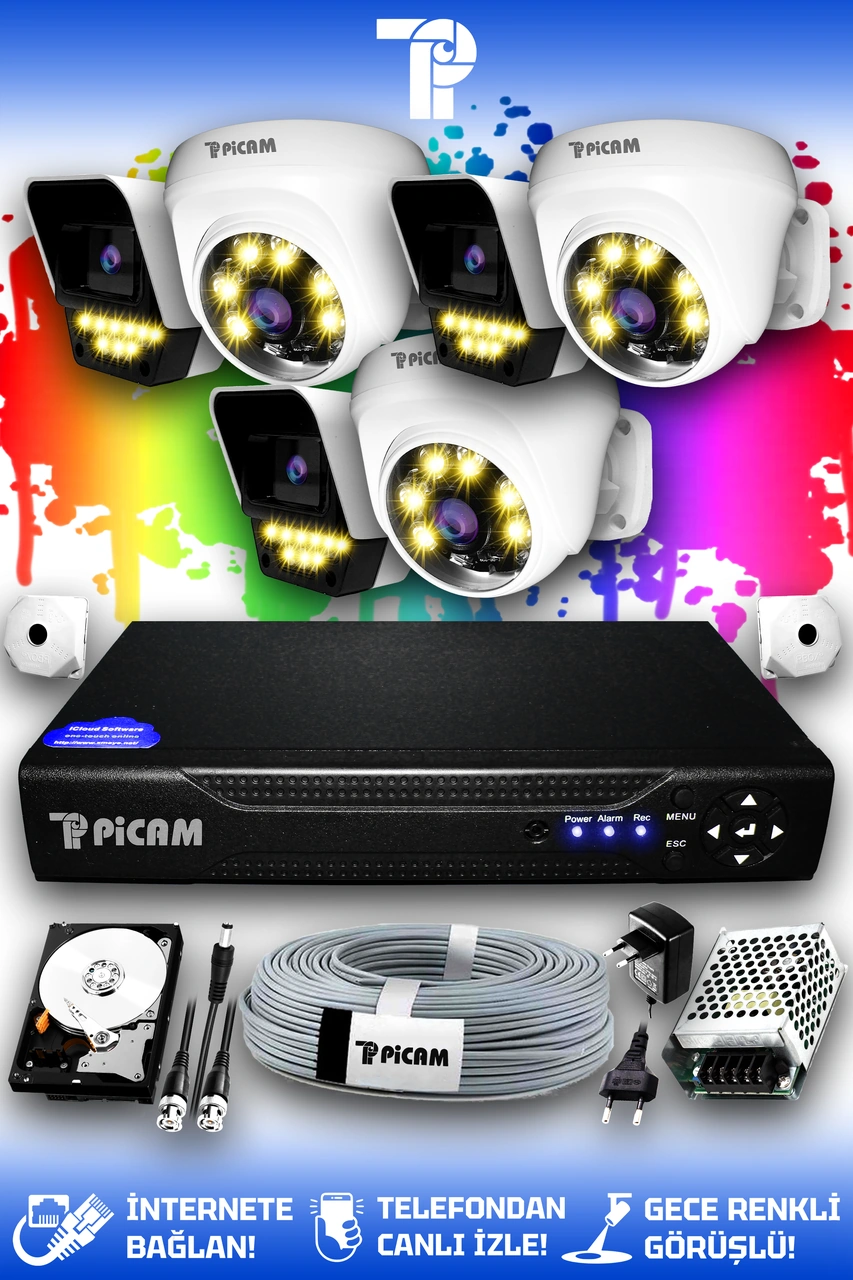 Picam 6 Kameralı Süper 3 İç Kamera Set 1 TB 5 MP 2K Net Renkli Gece Görüşlü Güvenlik Kamerası Sistemi