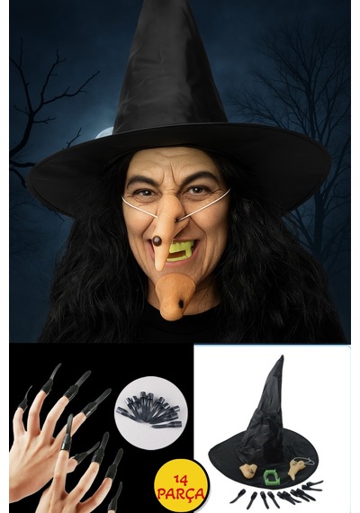 Cadılar Bayramı Halloween Cadı Kostüm Seti Şapka Burun Çene Tırnaklar Ve Diş 14 Parça