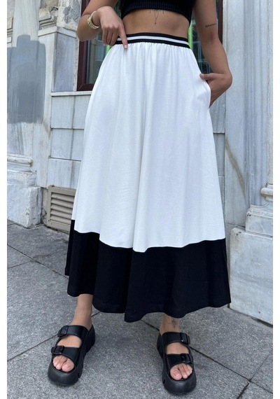 WeShaya Kadın Beyaz & Siyah Color Block Desen,beli Şerit Lastikli, Rahat Kalıp, Cepli Uzun Etek Beyaz