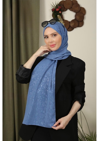 Flora Tekstil Çiçekli Desen İnce Medine İpeği Jakar Şal KOT MAVİSİ