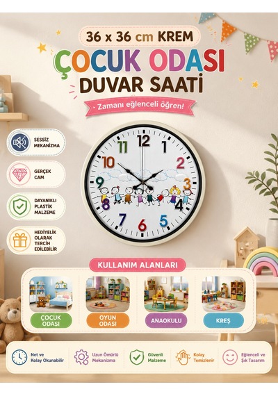 36 Cm Krem Çocuk Odası Duvar Saati Çocuk Odası Renkli Rakamlı 41643692