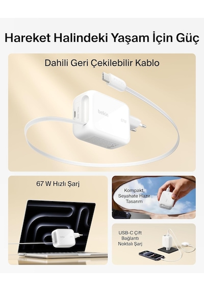 Belkin Usb-c Şarj Fişi 67 W, 1 M Geri Çekilebilir Usb-c Kablo, Us
