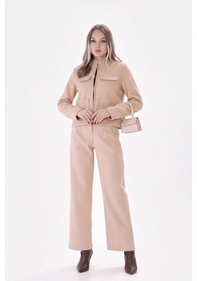 Soft&Basic Kadın Bej Dik Yaka Cepli Ceket Düz Paça Pantolon İkili Takım