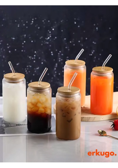 Bambu Kapaklı Pipetli Borosilikat Sunum Bardağı, Kahve Bardağı, Isı Dayanıklı Bardak 500 Ml Coollime2