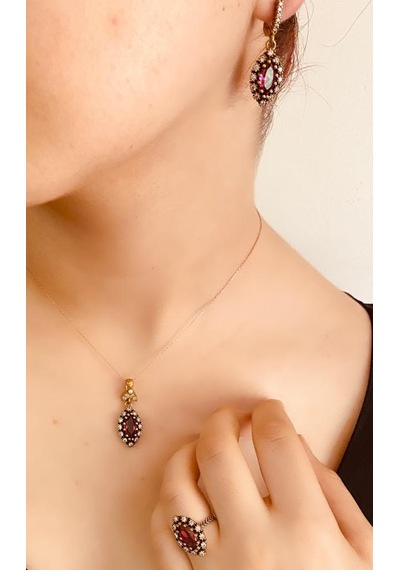 Kırmızı Safir Taşlı 925 Ayar Gümüş Üçlü Otantik Set Takı