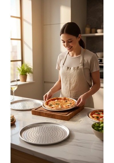 Paslanmaz Çelik Delikli Pizza Fırın Tepsisi Lahmacun Fırın Tepsisi 3'lü Set 28 32 36 Cm Gri