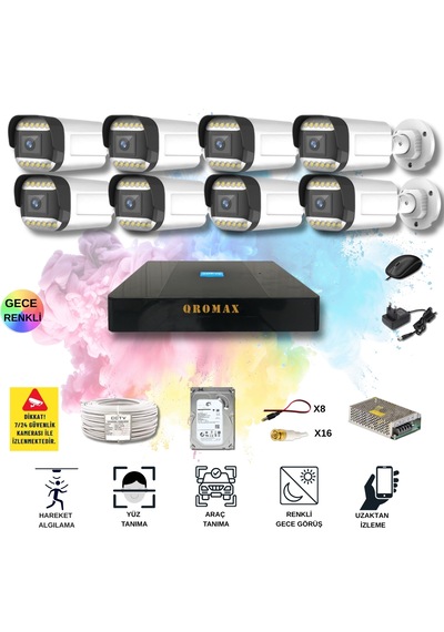 8 Kameralı Set - Yapay Zeka Özellikli Gece Renkli Gösteren 5mp Sony Lensli 12 Warm Ledli Fullhd Güvenlik Kamerası Seti 312w-9008