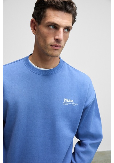 Grimelange Ernest Erkek Organik Pamuklu Yumuşacık Baskı Detaylı Bisiklet Yaka İçi Polarlı Açık Mavi Sweatshirt
