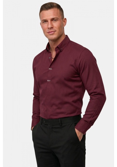 Deep Sea Deepsea Bordo Slim Fit Likralı Kolay Ütülenebilir Gizli Düğmeli Erkek Gömlek 2602614