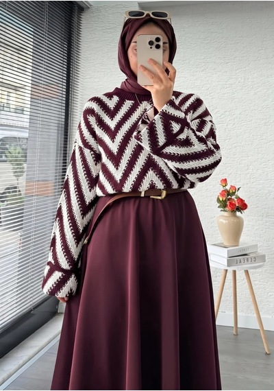 Trend Paris Retro Zigzag Desenli Oversize Örgü Triko Kazak Bordo Standart