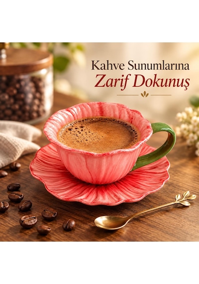 Valkyrie Gelincik Serisi Çiçek Tasarımlı Fincan Ve Tabak Seti 350 Ml Dekoratif Kahve Çay Fincanı Krm Kırmızı