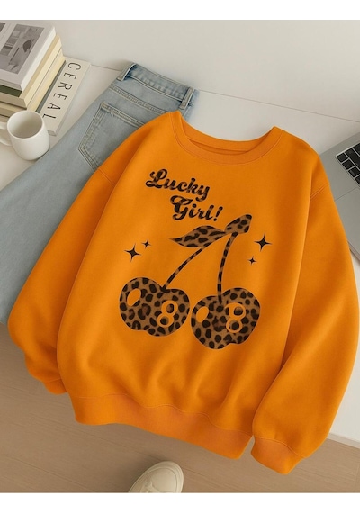 Benroma 3 İplik Penye Lucky Girl Baskılı Unisex Sweatshırt Turuncu