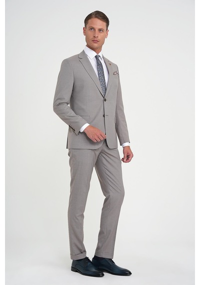 Efor Slim Fit Çift Yırtmaç Esnek Yelekli Klasik Bej Takım Elbise Tk 916 Bej