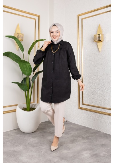 Nevayla Moda Önü Büzgülü Bilek Lastikli Tunik - Siyah / Ü104 Siyah