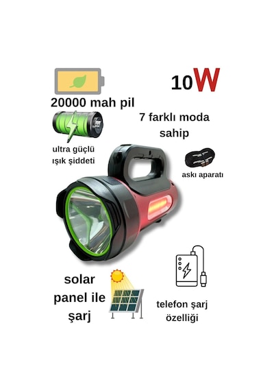 10w Uzun Menzilli Solar Panelli Powerbank Usb Çıkış S.o.s Lu Ultra Güçlü Ledli Şarjlı Feneri Siyah