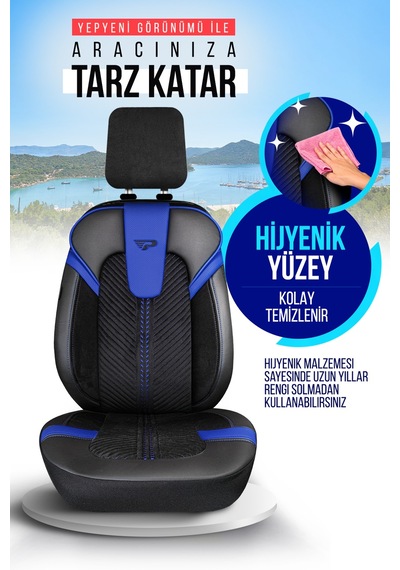 Siyah - Mavi Garni Panda Monte Carlo Serisi Velor Kadife Kumaş Oto Koltuk Kılıfı - Tam Set