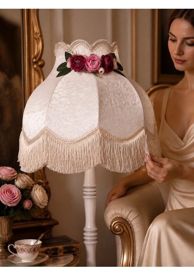 Beyaz Kadife Çiçek Dekorlu Başlık Ahşap Doğal Beyaz Ayaklı Klasik Model Lambader 175x40cm