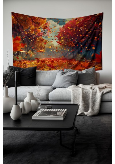 Sonbahar Yaprakları Desenli Duvar Halısı Duvar Örtüsü Tapestry Süet Dokulu Kumaş