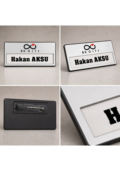 Logonuza Özel 10 Adet Metal Yaka Kartı İsimliği Altın Gümüş Personel İsimlik 3,5x7 Cm Gümüş