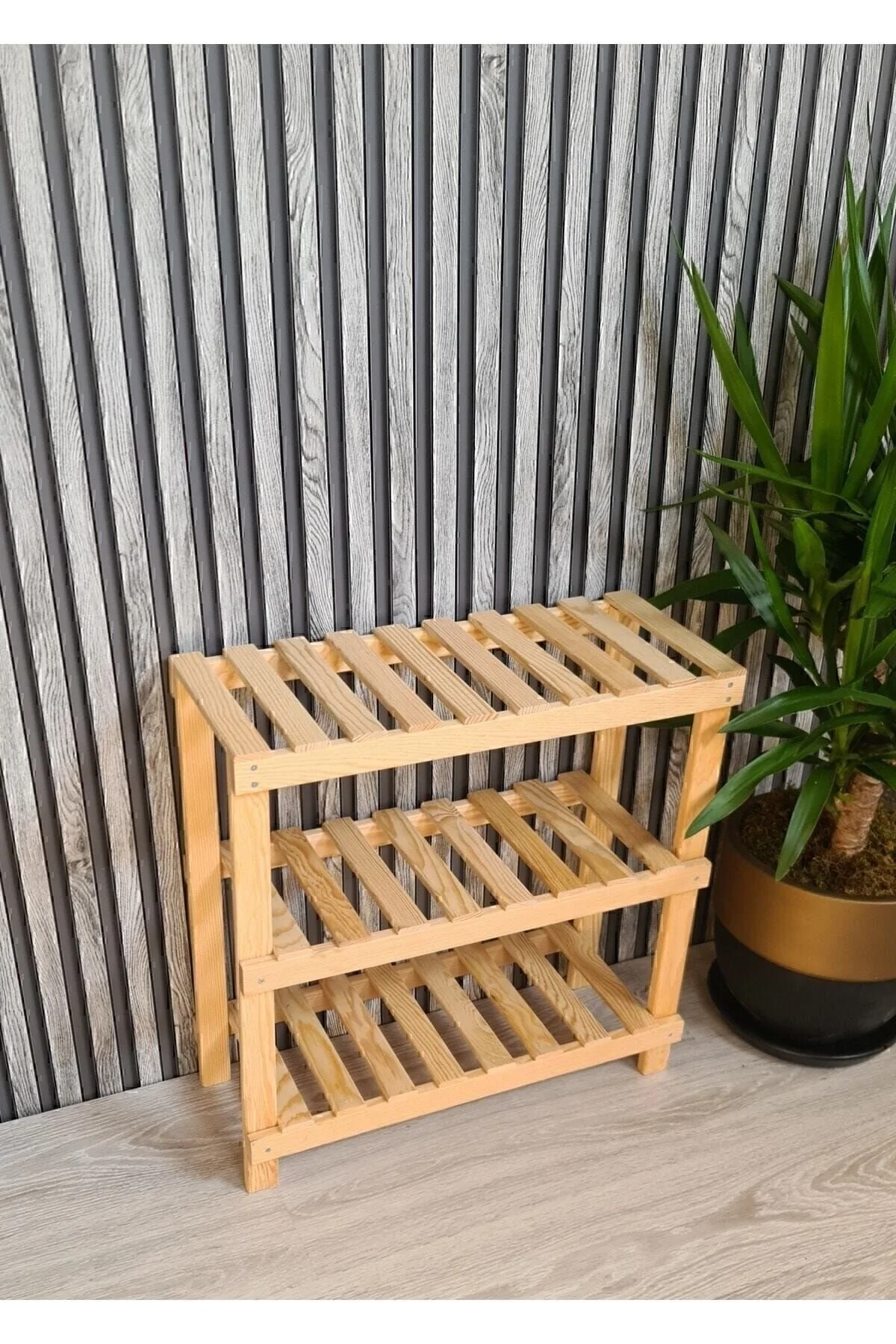 Ahşap Dekoratif 3'lü Doğal Ahşap Ayakkabılık, Antre, Balkon Düzenleyici Raf