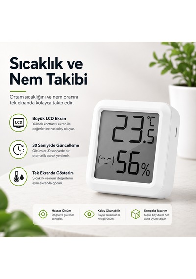 Dijital Sıcaklık Ve Nem Ölçer Lcd Ekranlı Mini Termometre Higrometre Ortam Isı Ve Nem Ölçer Duvar Ve Masaüstü Kullanım