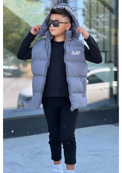 Pina Kids Erkek Çocuk Baskılı Çıkarılabilir Kapüşonlu Şişme Yelek 3017 Füme