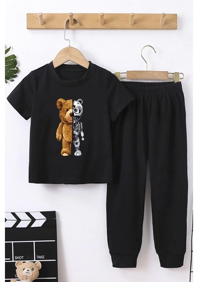 Uyguntarz Çocuk Boys Bear Alt - Üst Eşofman Takımı Siyah