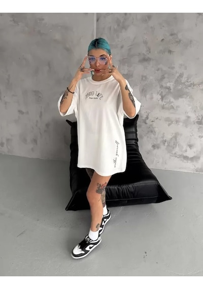 Modi Unisex Baskılı Oversize T-shirt - Beyaz - Mymg98301