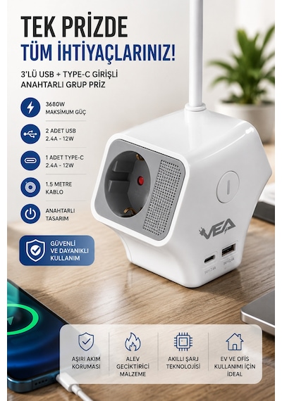 3'lü Grup Priz 2 Usb Type-c Girişli Ayrı Anahtarlı 1.5 Metre Uzatma Kablosu 16a 3680w Ev Ofis Duvar Monteli 0