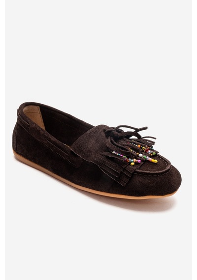 Luvishoes Evelyn Kahverengi Süet Hakiki Deri Püsküllü Boncuklu Kadın Loafer Ayakkabı