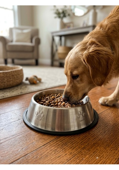 Paslanmaz Çelik Kedi Köpek Mama Ve Su Kabı - Pati Desenli Kaymaz Taban 22 Cm