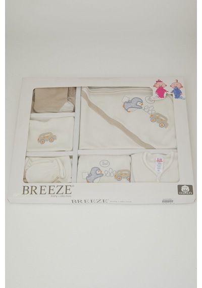 Breeze Erkek Bebek Hastane Çıkışı 10 Lu Sevimli Penguen Araba Nakışlı 0-3 Ay , Ekru