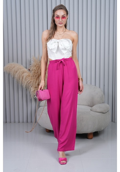 Polologin Butik Fuşya Beli Bağlamalı Bol Paça Pantolon Pembe
