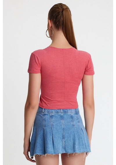 Kadın V Yaka Basic T-shirt Nar Çiçeği