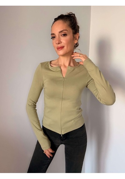 Ali Butik Çağla Çift Fermuarlı Uzun Kollu Bluz Çağla