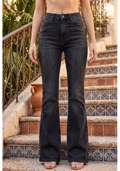 Soulshae Siyah Yüksek Bel İspanyol Paça Denim Pantolon