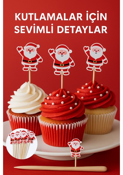 50 Li Noel Baba Figürlü 12 Cm Bambu Kürdan Yılbaşı Sunum Ve Parti Süsleme Seti