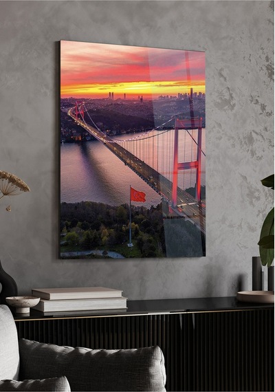 Boğaz Köprüsü Cam Tablo 4 Mm Temperli Cam İstanbul Gün Batımı Duvar Dekoru
