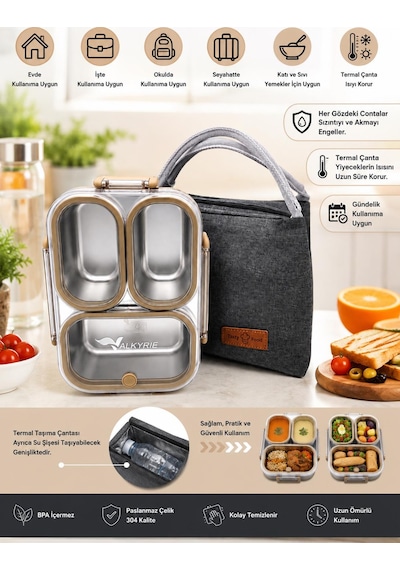 Valkyrie 304 Paslanmaz Çelik 3 Bölmeli Kahve Lunch Box Termal Çantalı Sızdırmaz Kapaklı Beslenme Kabı, Valkyrie 304 Paslanmaz Çelik 3 Bölmeli Kahve Lunch Box Termal Çantalı Sızdırmaz Kapaklı Beslenme Kabı,