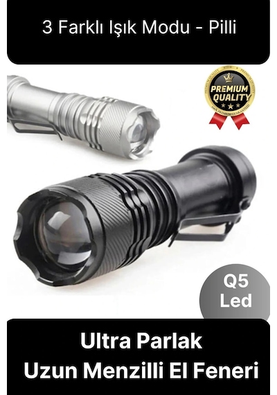 3 Fonksiyonlu Q5 Led Ultra Parlak Uzun Menzilli Pilli Yüksek Işık Gücüyle Acil Durum Kamp El Feneri Beyaz