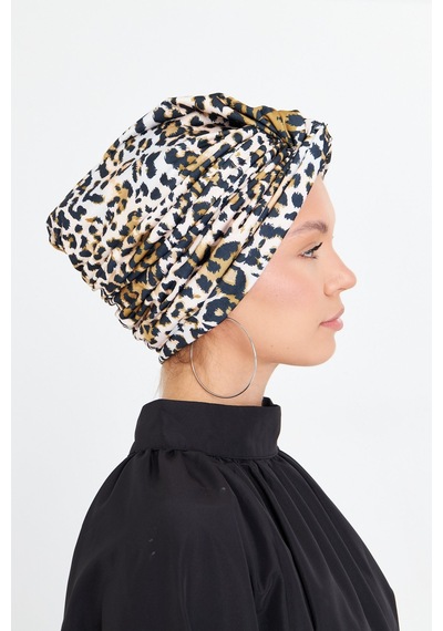 Hürrem Bone Gold Çapraz Büzgülü Tesettür Bone Sandy Leopar Desen 2511 03 Gold